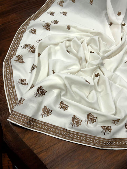 White Brown Fancy Double Embroidered Floral Shaal