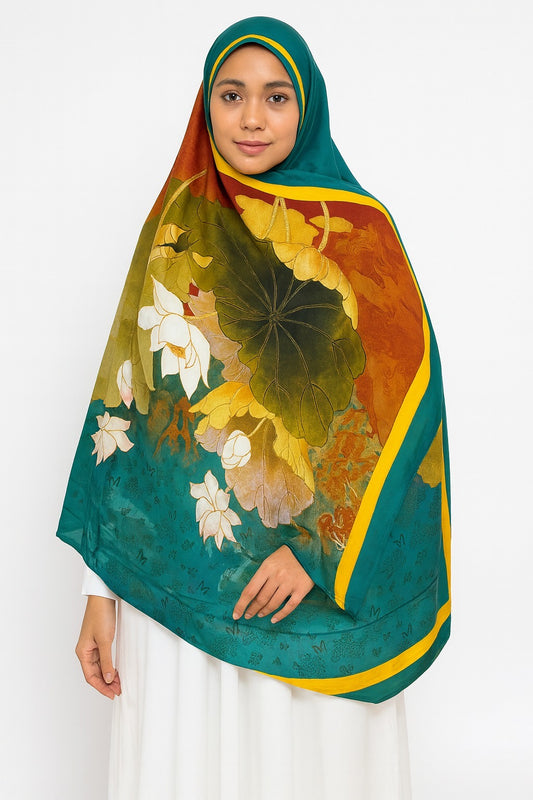 Large Satin Silk Scarf - Teal Fall Floral