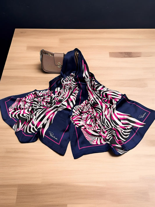 Large Satin Silk Scarf - Navy Pink Roberto Cavalli