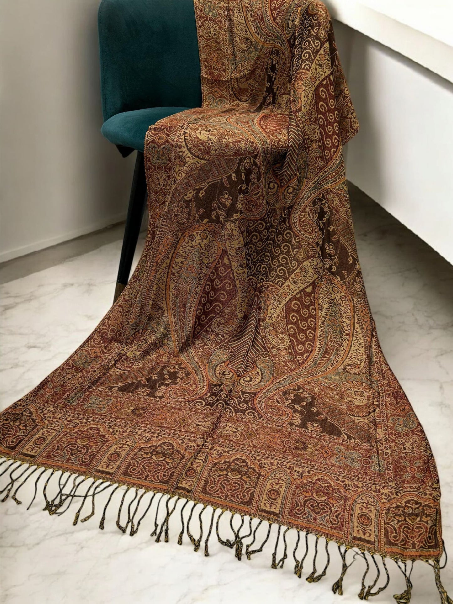 Brown Coral Peach Paisley Two-Tone Pashmina Hijab