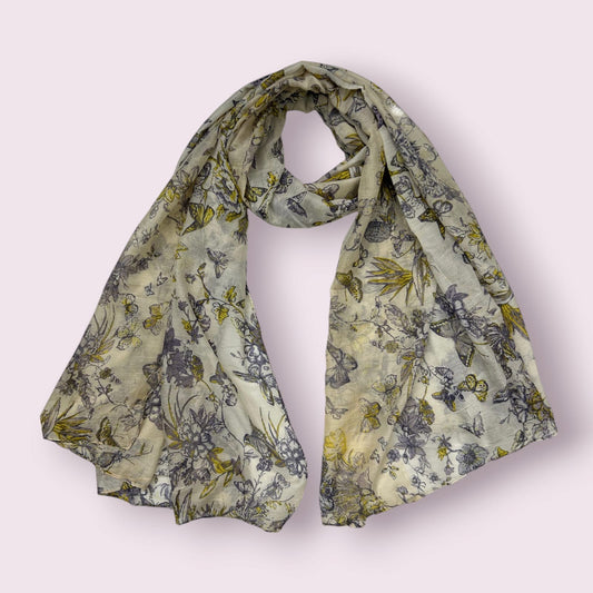 Lime Beige Purple Floral Butterfly Printed Lawn Hijab