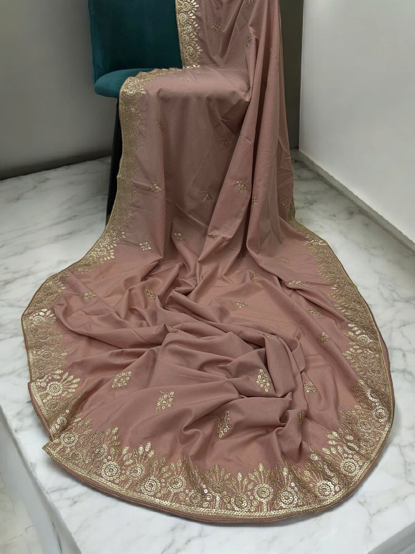 Salmon Pink Gold Floral Sequence Bridal Embroidered Shaal