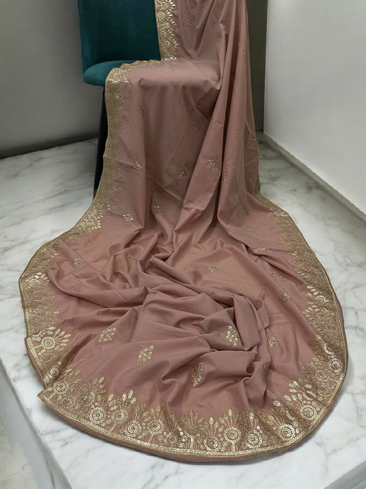 Salmon Pink Gold Floral Sequence Bridal Embroidered Shaal