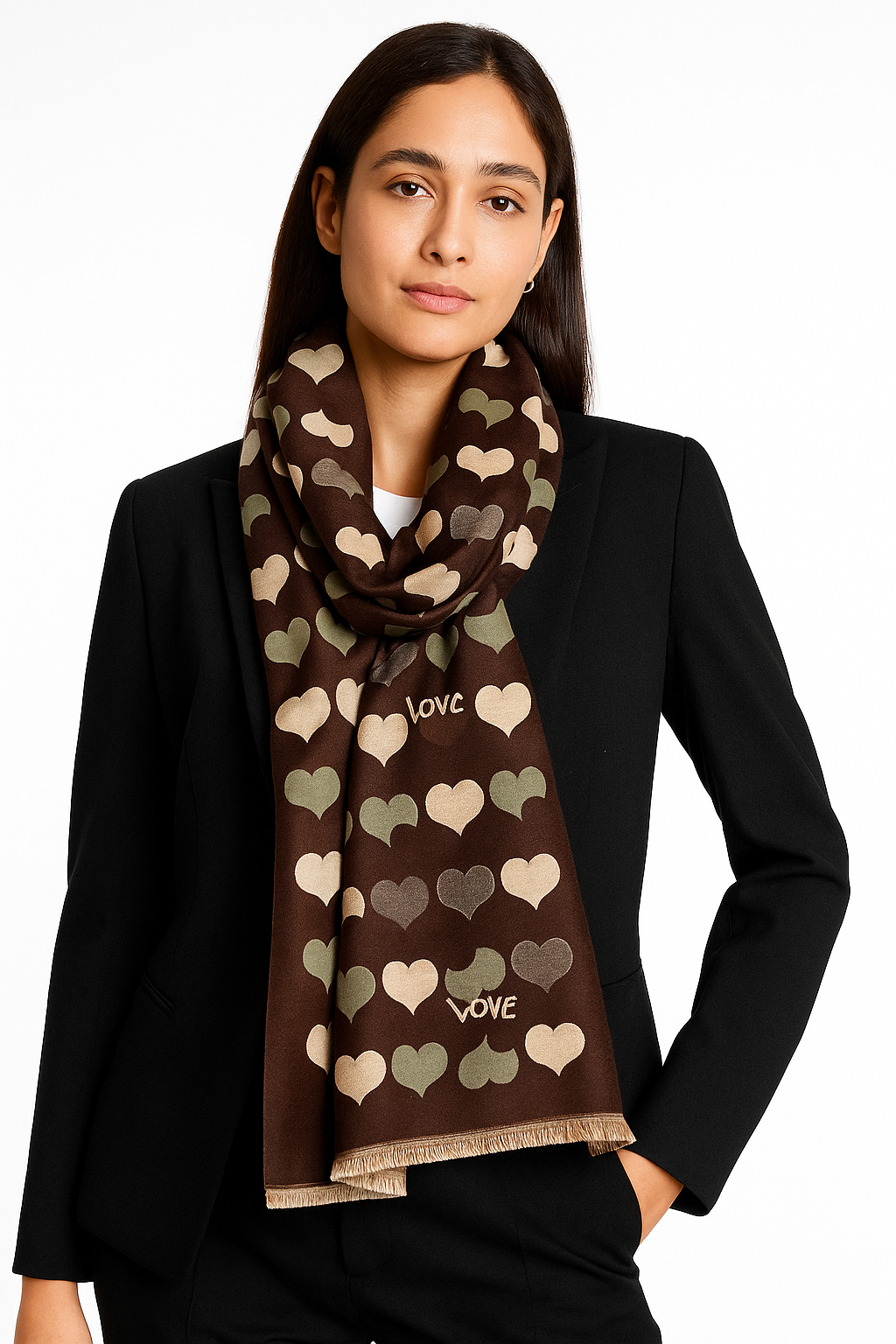 Luxury Branded Wool Scarf - Brown Hearts