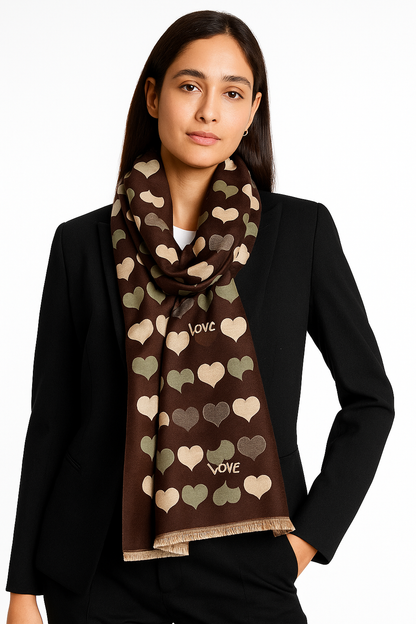 Luxury Branded Wool Scarf - Brown Hearts