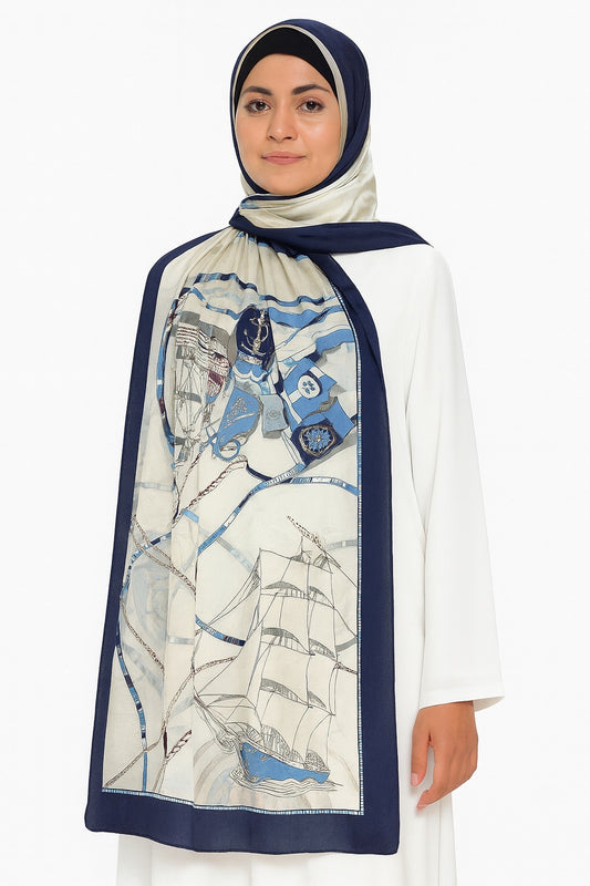 Large Satin Silk Scarf - Blue White Anchorage