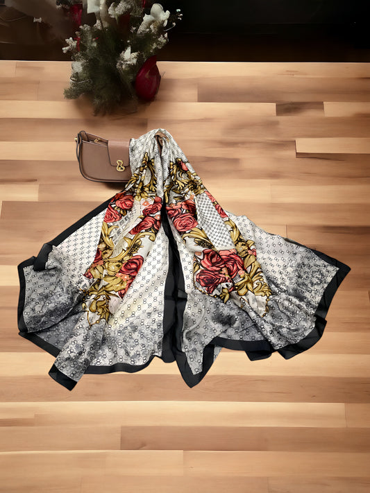 Large Satin Silk Scarf - B&W floral