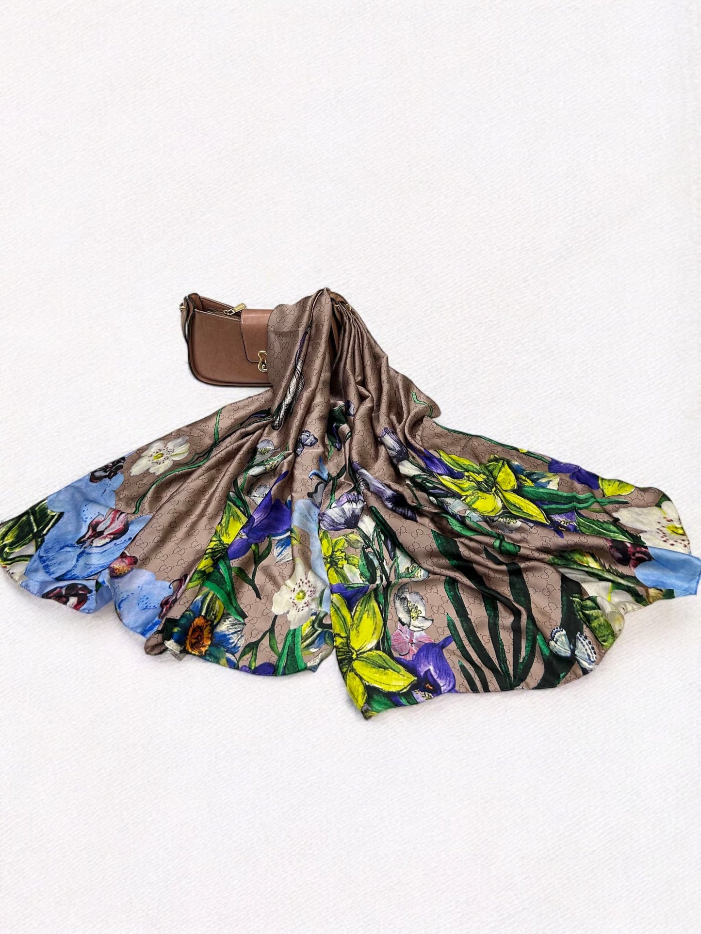 Large Satin Silk Scarf - Coffee Brown Floral Gucci