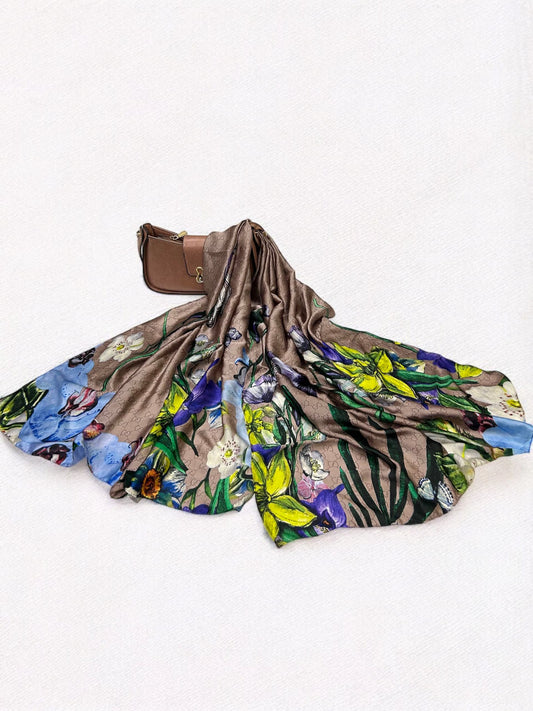 Large Satin Silk Scarf - Coffee Brown Floral Gucci