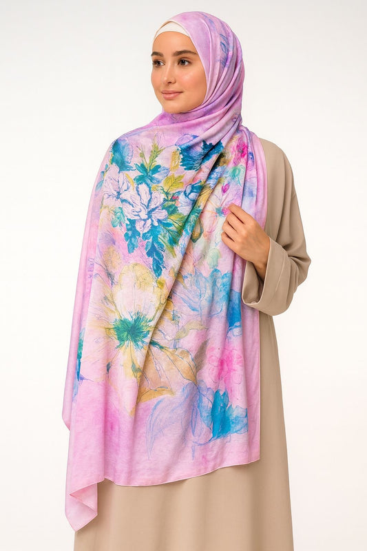 Large Satin Silk Scarf - Unicorn Blue Floral