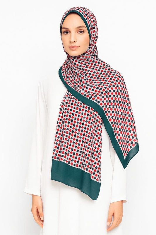 Printed Viscose Wool Hijab - Red Green Stars