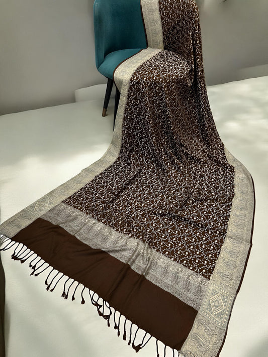 Dark Brown Cream Threadwork Hand Embroidered Pashmina Shawl