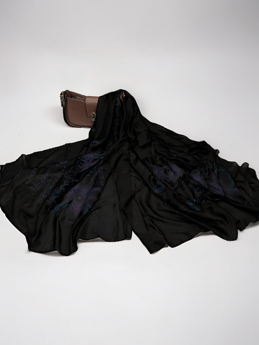 Large Satin Silk Scarf - Black Purple Blockprint