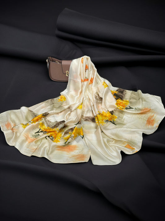 Large Satin Silk Scarf - Cream Orange Patches