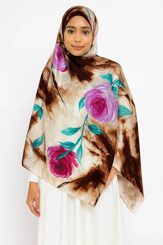 Large Satin Silk Scarf - Chocolate Brown White Floral