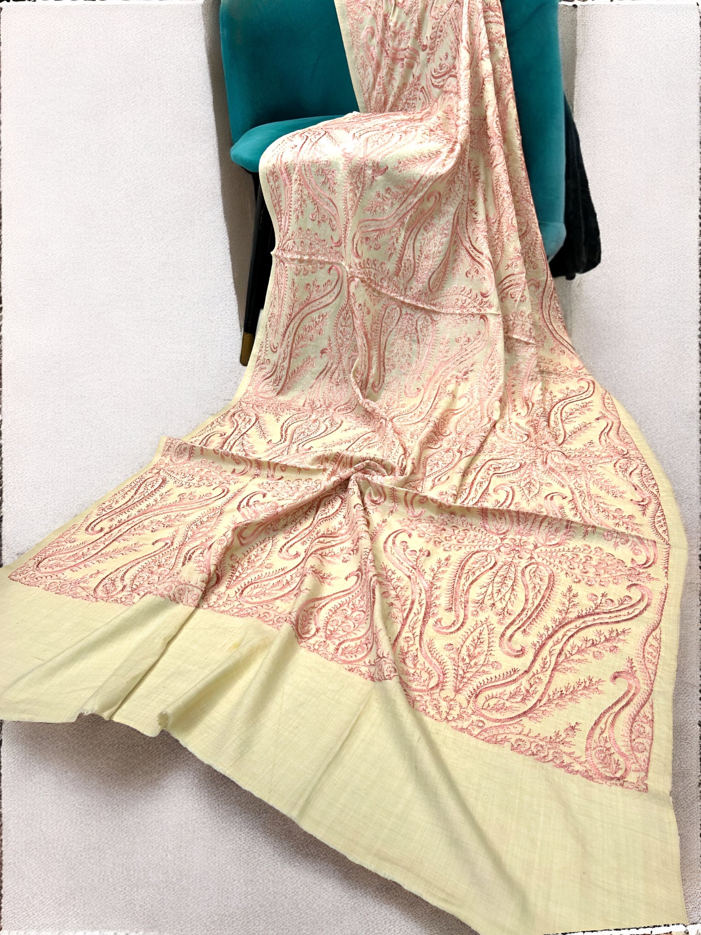 Beige Pink - Embroidered Paisley Kashmiri Shawl