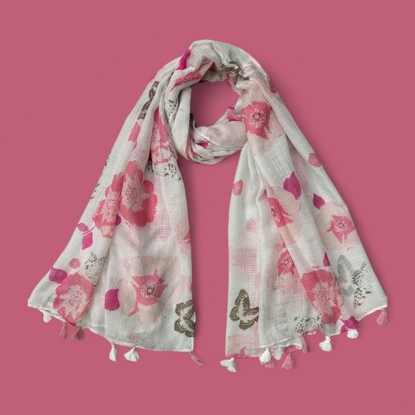 White Pink Floral Butterfly Printed Modal Hijab