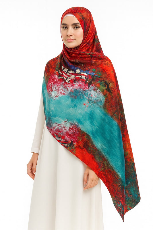 Large Satin Silk Scarf - Blurred Red Turquoise Abstract
