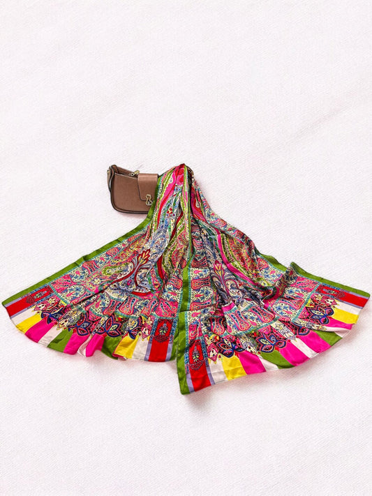 Satin Silk Scarf - Red Green Lined Paisleys