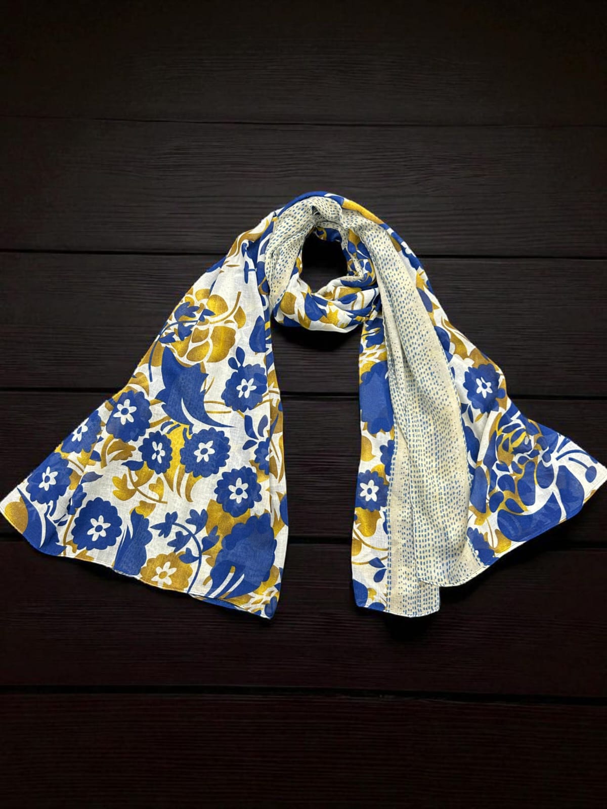 White Blue Gold Peonies Printed Modal Hijab