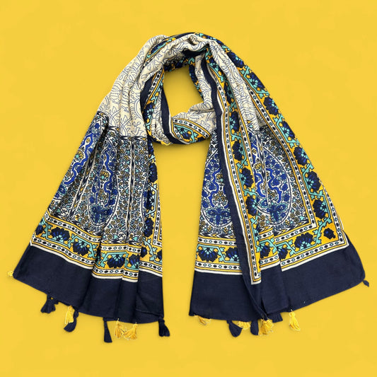 Blue Yellow Paisley Printed Modal Hijab
