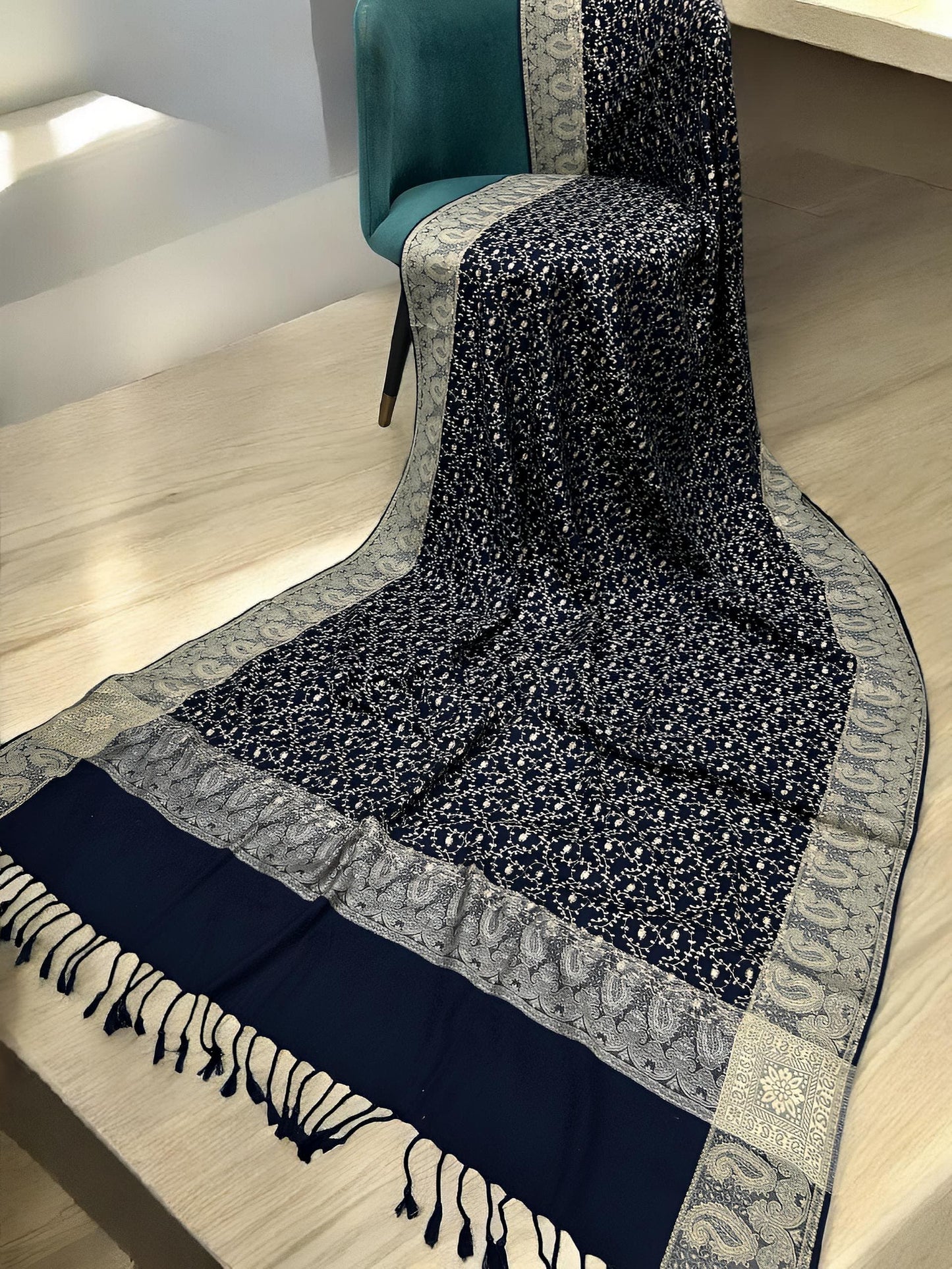 Navy Creamy Gold Threadwork Hand Embroidered Pashmina Shawl