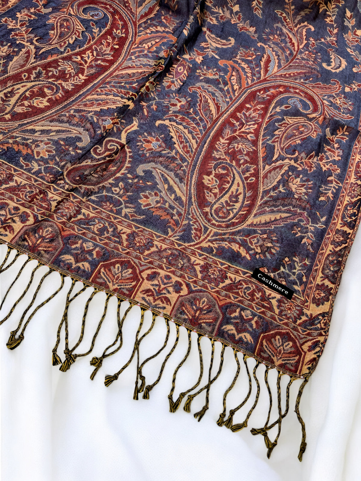 Indigo Blue Peach Persian Garden Paisley Two-Tone Pashmina Hijab