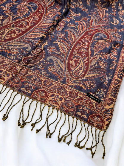 Indigo Blue Peach Persian Garden Paisley Two-Tone Pashmina Hijab