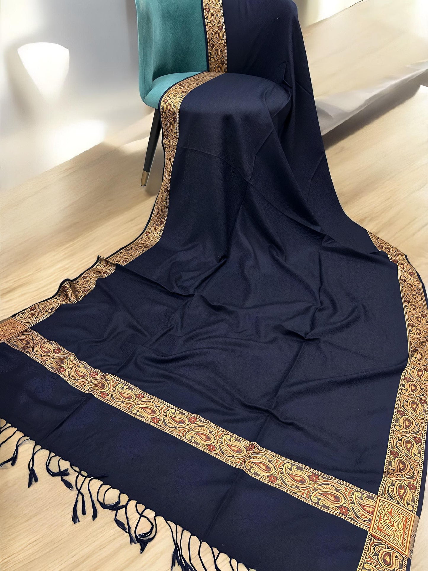 Blue Beige Embossed Patchwork Border Shawl