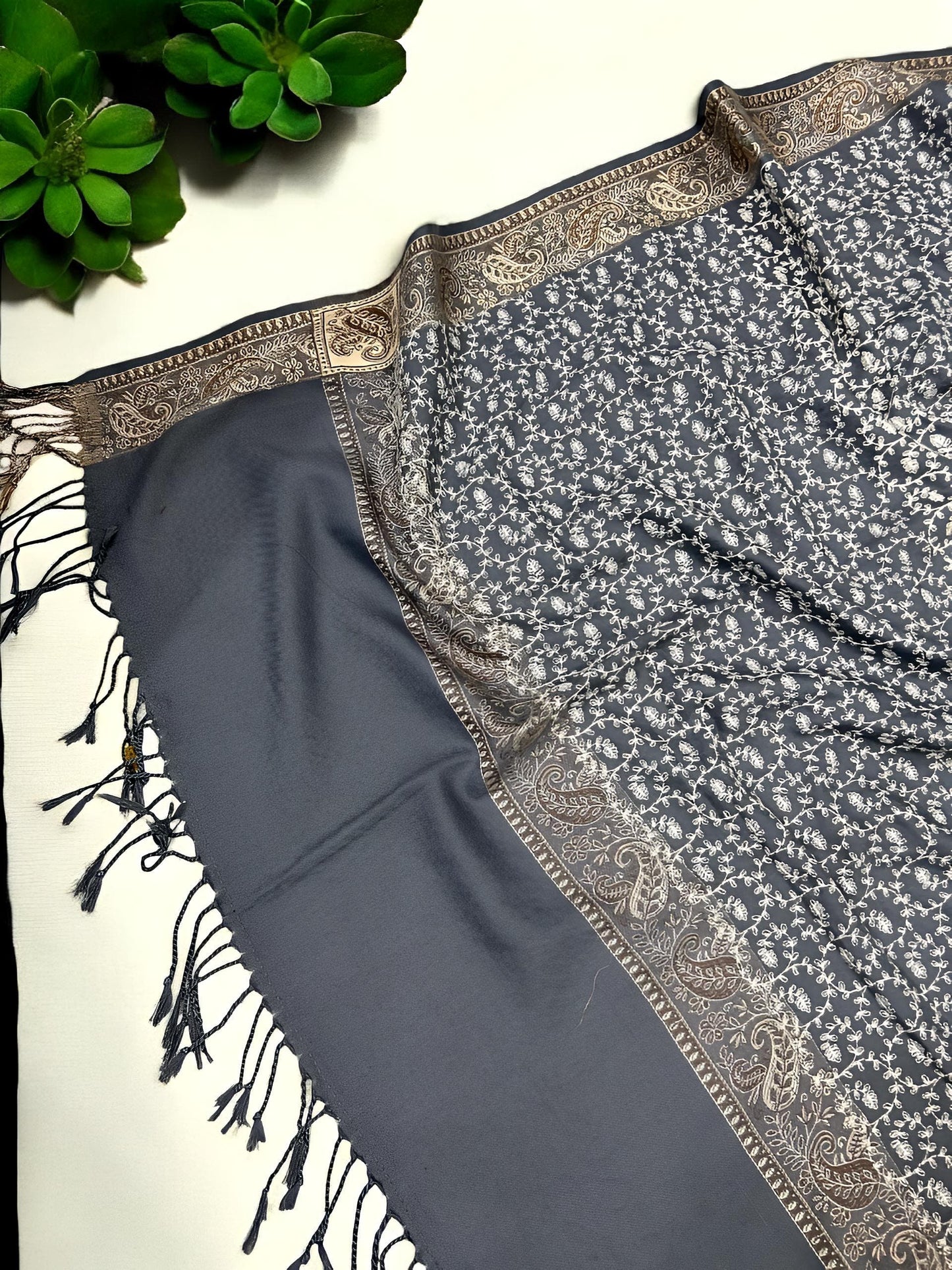 Mystic Grey Cream Threadwork Hand Embroidered Pashmina Shawl