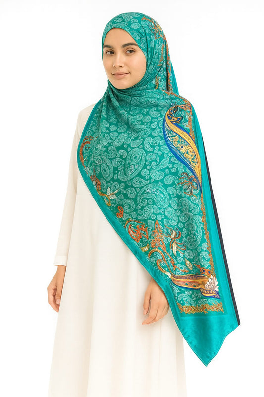 Large Satin Silk Scarf - Turquoise Green Paisley