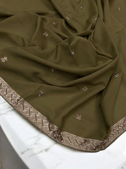 Peanut Brown Peach Double Cross Embroidered Border Shaal