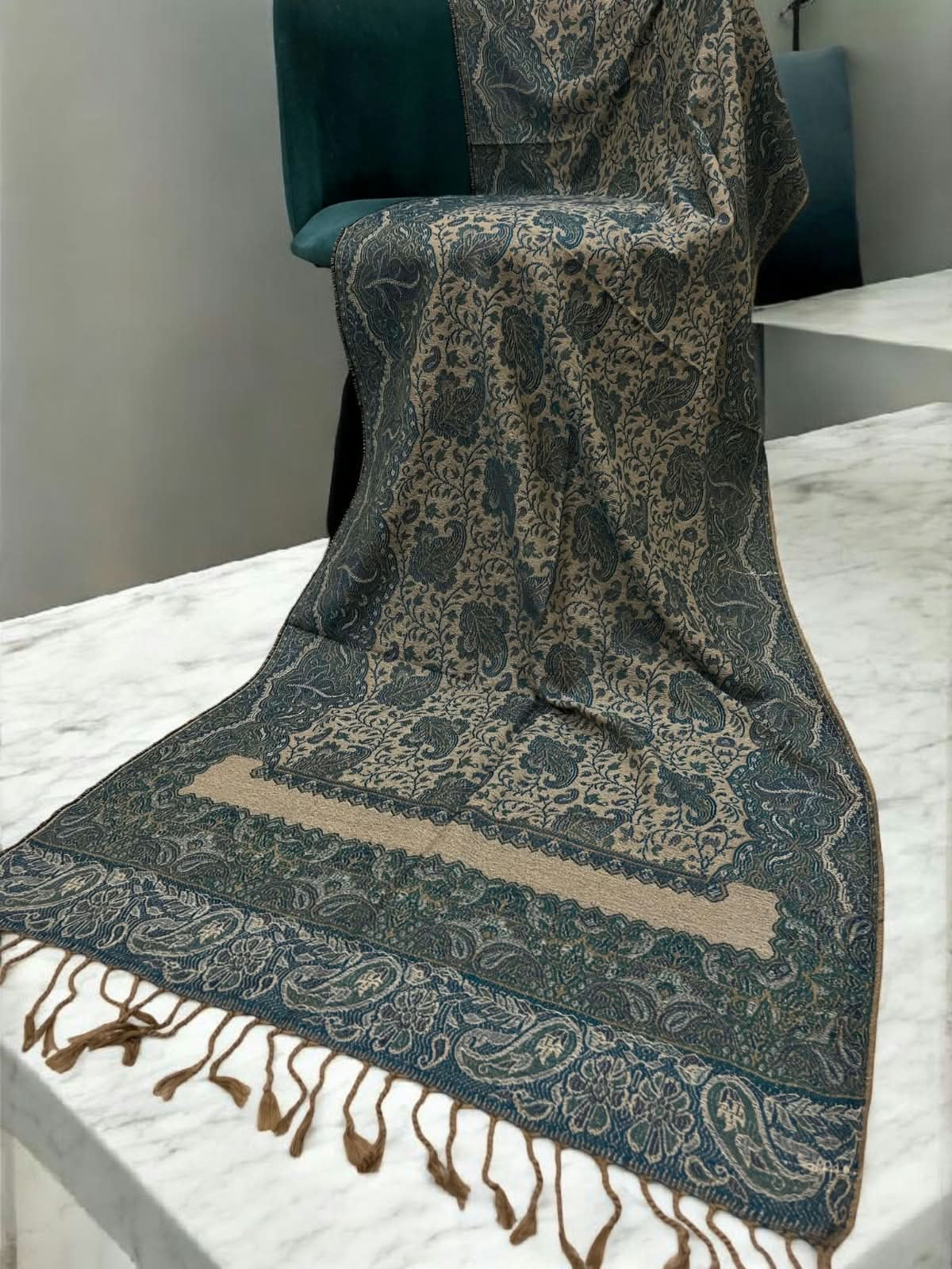Coffee Aqua Damask Paisleys Dual Tone Pashmina Hijab