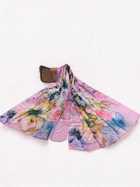 Large Satin Silk Scarf - Lilac Blue Flowers