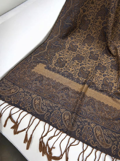 Beige Dark Purple two-tone Paisley Pashmina Hijab