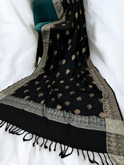 Black - Leaflet Kashmiri Border Shawl