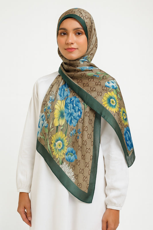 Large Satin Silk Scarf - Brown Green Gucci