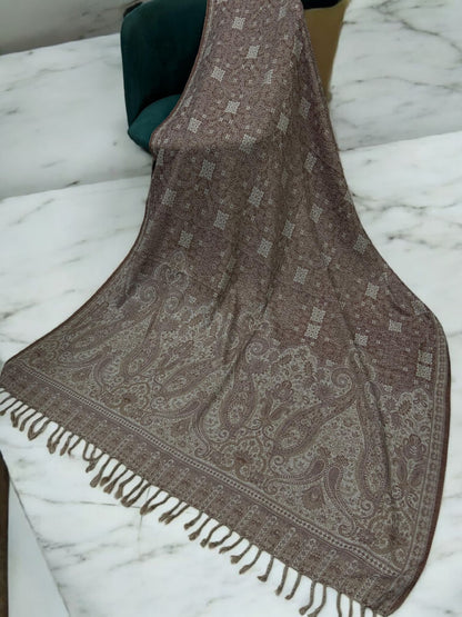Threadwork Paisley Pashmina Shawl - Mocha White
