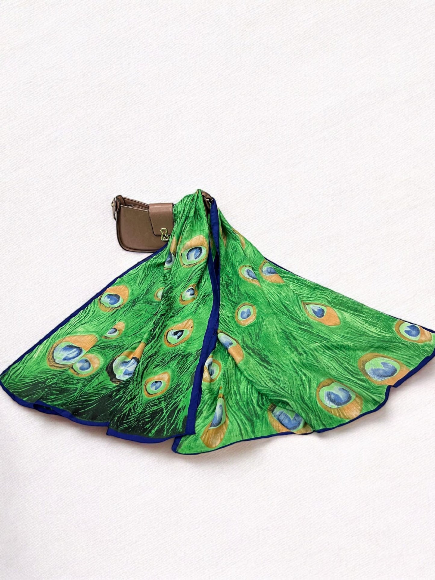 Large Satin Silk Scarf - Green Peacock