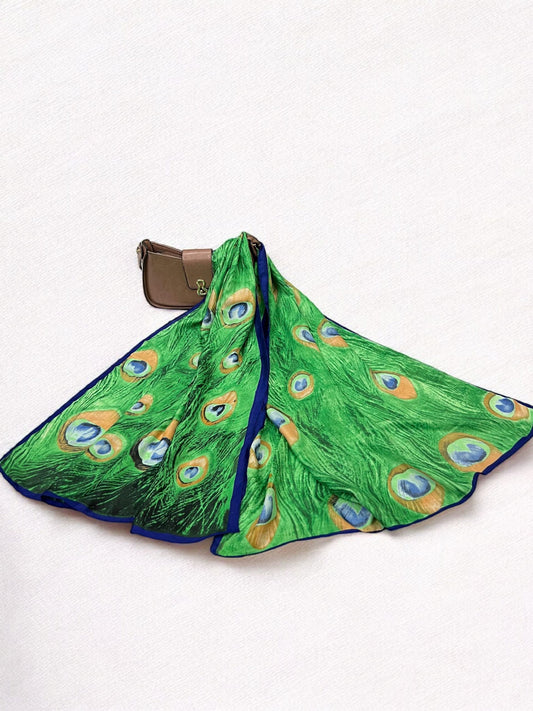 Large Satin Silk Scarf - Green Peacock