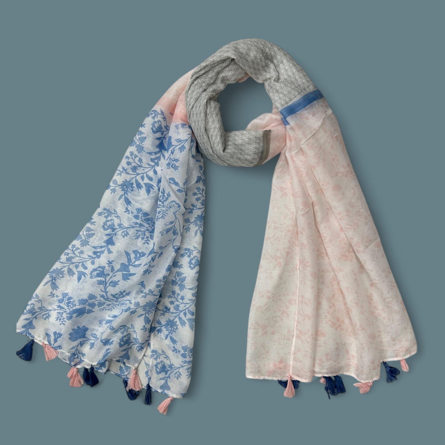 Baby Pink Blue Flora Printed Lawn Tassel Hijab