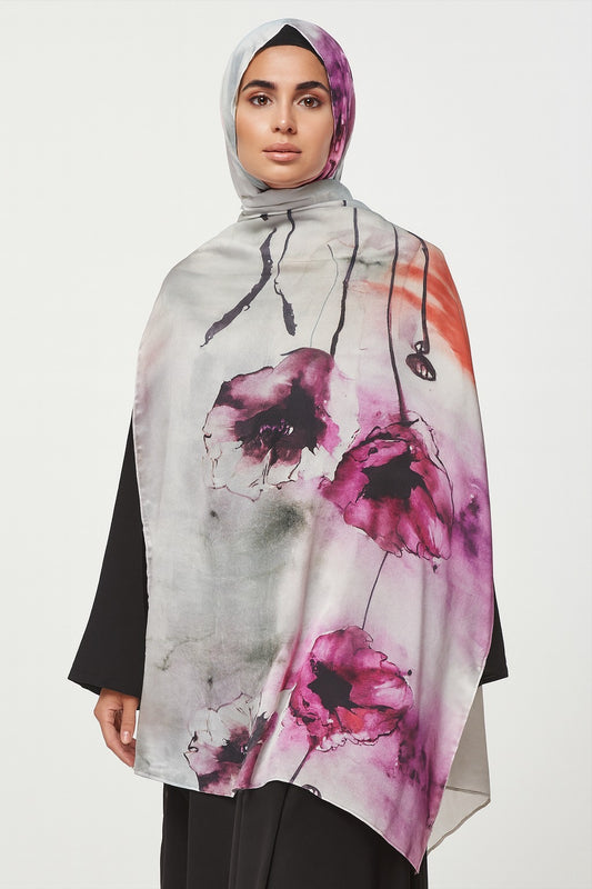 Large Satin Silk Scarf - Silver Plum Mist Floral