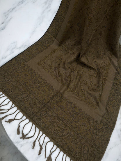 Soil Brown Olive Green Two-tone Paisley Pashmina Hijab