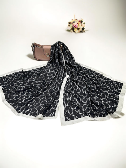 Large Satin Silk Scarf - Black Floral Chains