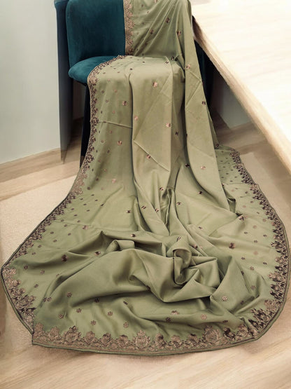 Khaki Peach Floral Embroidered Border Shaal
