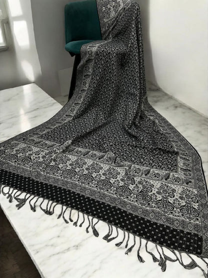 Threadwork Paisley Pashmina Shawl - Black Silver
