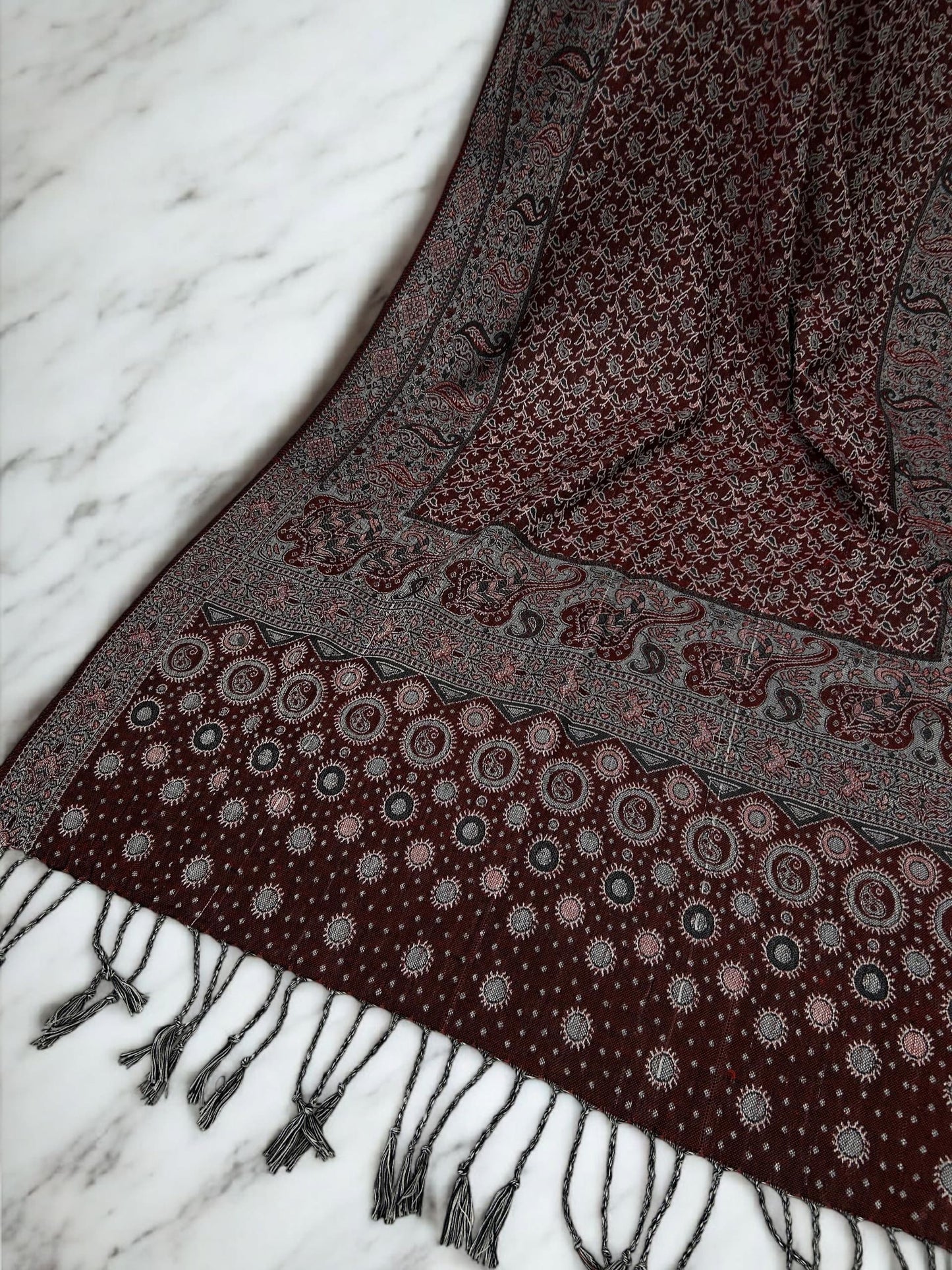 Maroon Pink Silver Dotted Two-tone Paisley Pashmina Hijab