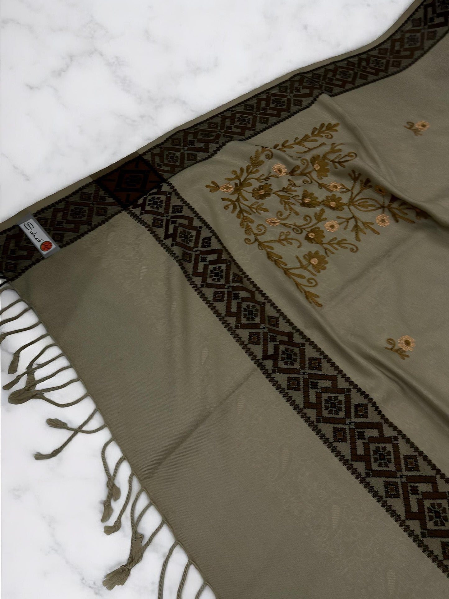 Canvas Mahogany Border Embroidered Brown Floral Pashmina Shawl