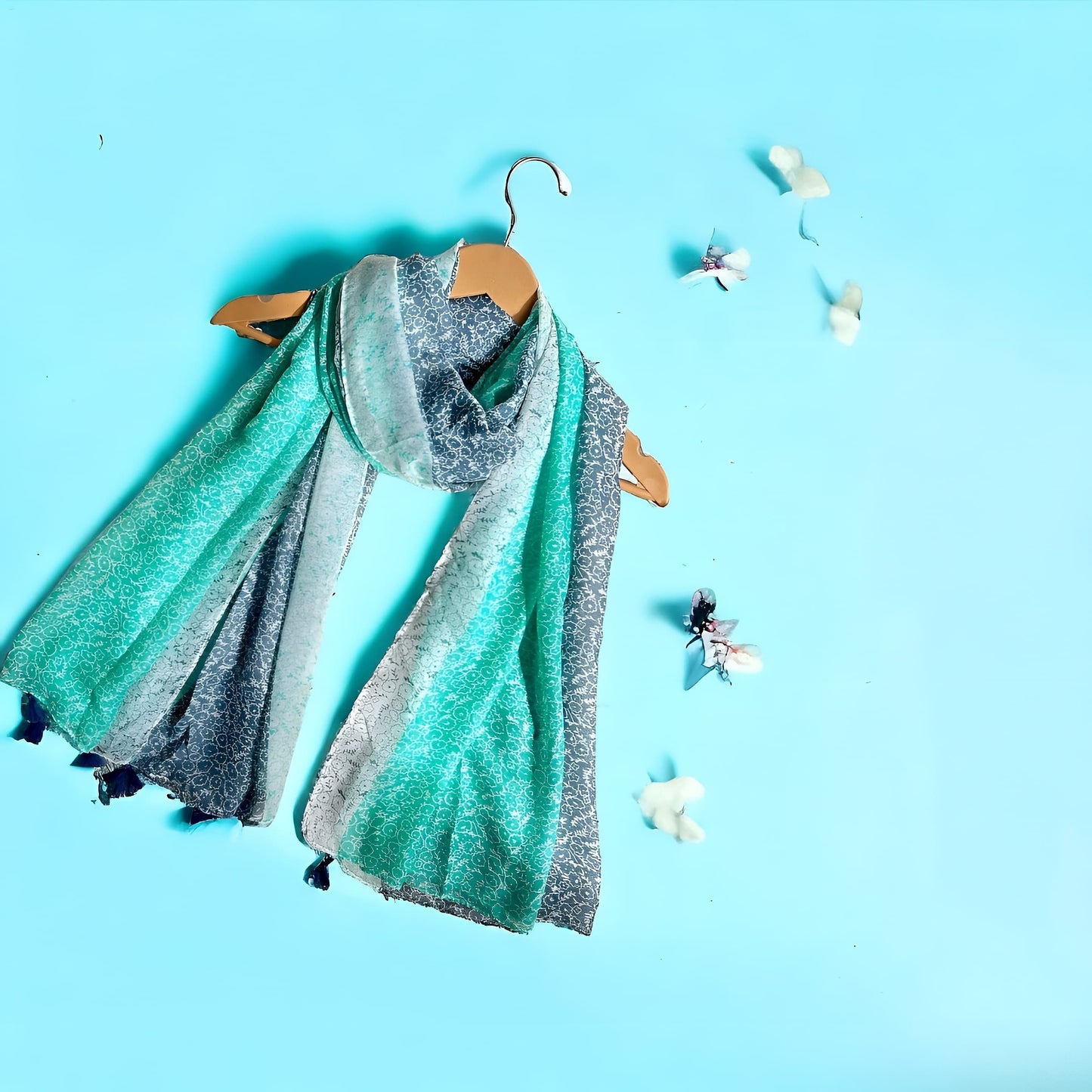 Green Blue Ombre Printed Lawn Tassel Hijab