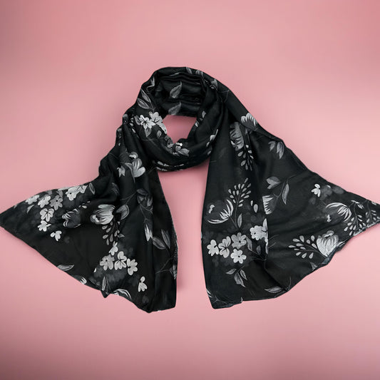 Black Grey Pansy Printed Modal Hijab